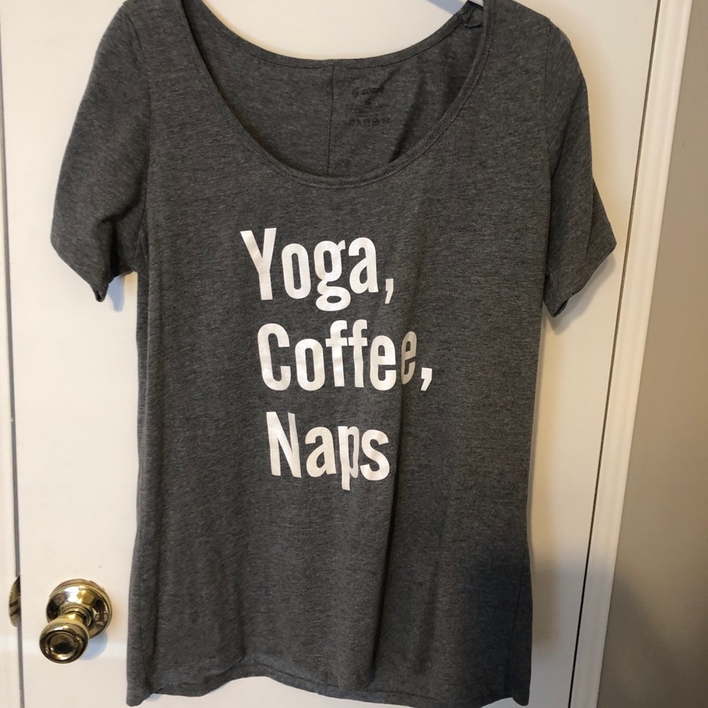 Soffe short sleeved t shirt, with “Yoga, Coffee, Naps” on front